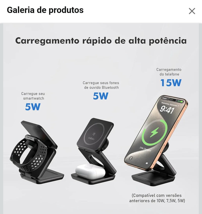 Carregador por Indução Portatil, Suporte Magnetico para todos os tipos de Celulares, Dobrável Portátil, fácil para transportar, Sucção Forte, 25W