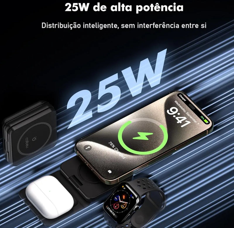 Carregador por Indução Portatil, Suporte Magnetico para todos os tipos de Celulares, Dobrável Portátil, fácil para transportar, Sucção Forte, 25W