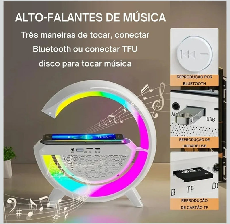 Luminária G Speaker RGB Colorido Caixa de Som Bluetooth de Mesa Quarto Cama Mostrador de Horario Led Carregamento sem fio por indução Tecnologia Wireless , tudo que você precisa......